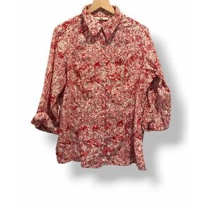 JM Collection Women's 14W Red White Embroidered Button Front Cotton Blouse Boho